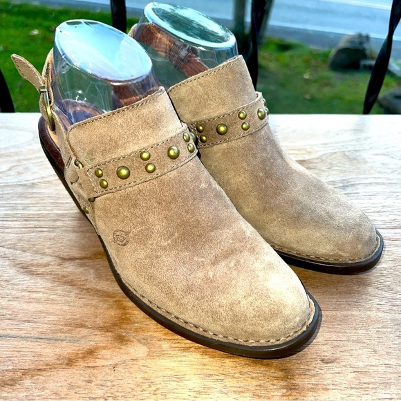 Born Shoes - Born Slingback Mules Womens 7 Suede Leather Studded Taupe Harness Buckle…